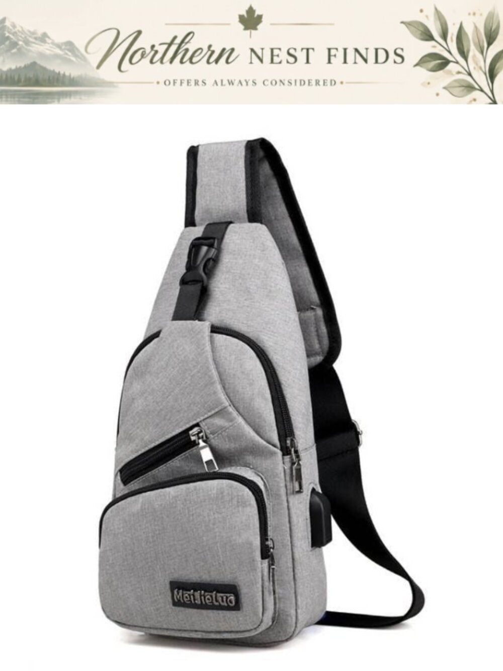 Gray Canvas Sling Backpack Crossbody Shoulder Bag Multiple Pockets USB Charging